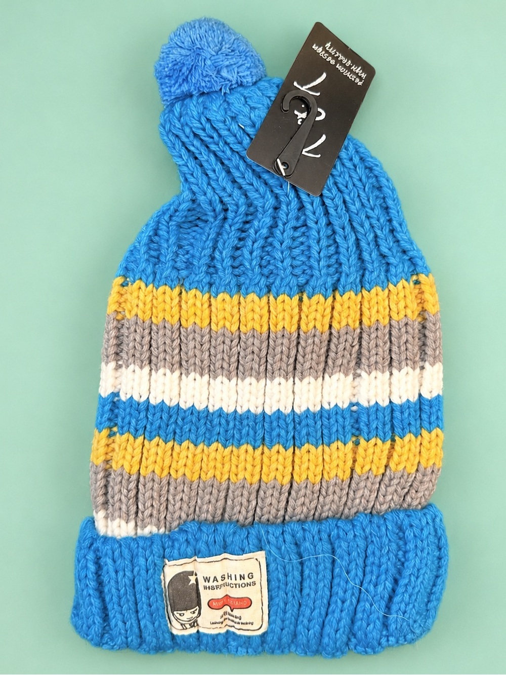 NWT LADIES T&T FASHION DESIGN STRIPED TEAL & YELLOW KNIT BEANIE HAT WITH POM POM
